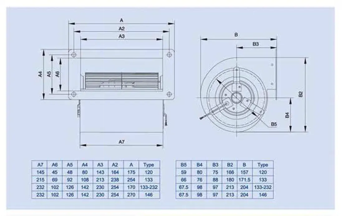 ابعاد هواکش سانتریفیوژ LXFFD 2E133-190-M92-45-A232