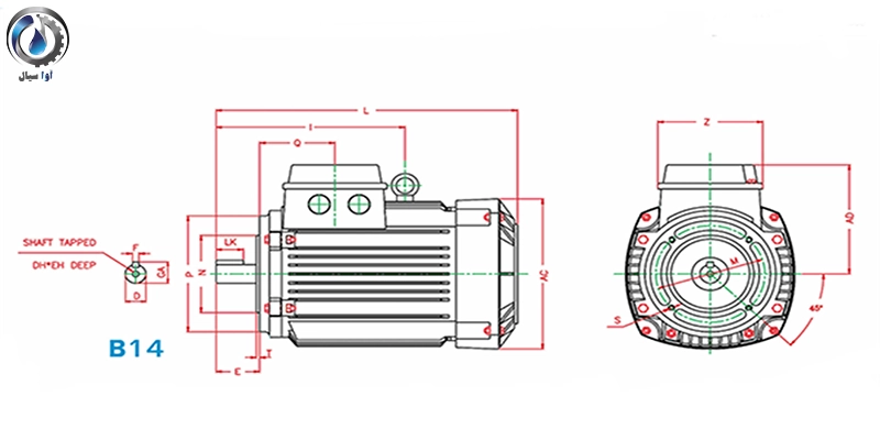 ابعاد موتور تک فاز الومینیومیی موتوژن