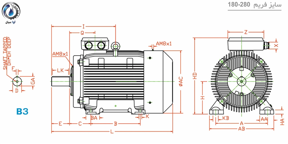 ابعاد موتور چدنی B3 فریم بزرگ